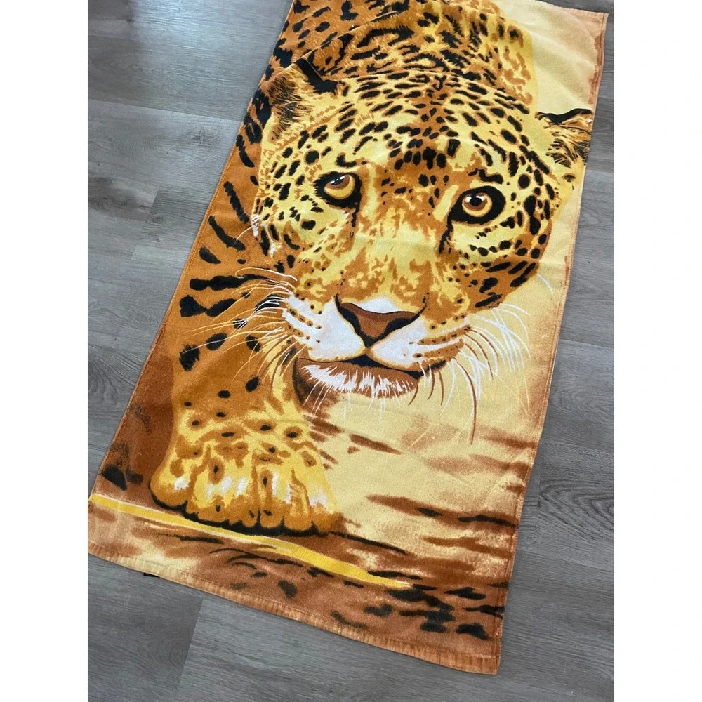 Vintage Leopard Beach Towel Big Cat Tiger Face Animal Print 63x28 Safari Y2K